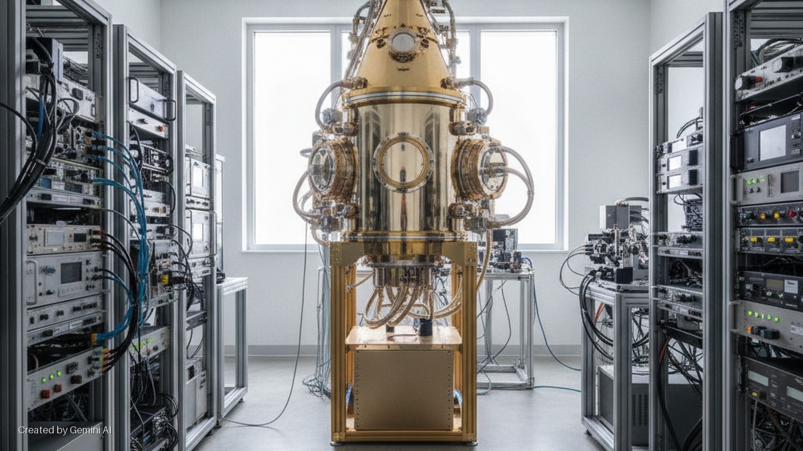 A brightly lit, modern laboratory features a large, gold-colored cylindrical scientific cryostat in the center, flanked by tall racks filled with electronic control equipment and cables, with a window in the background.