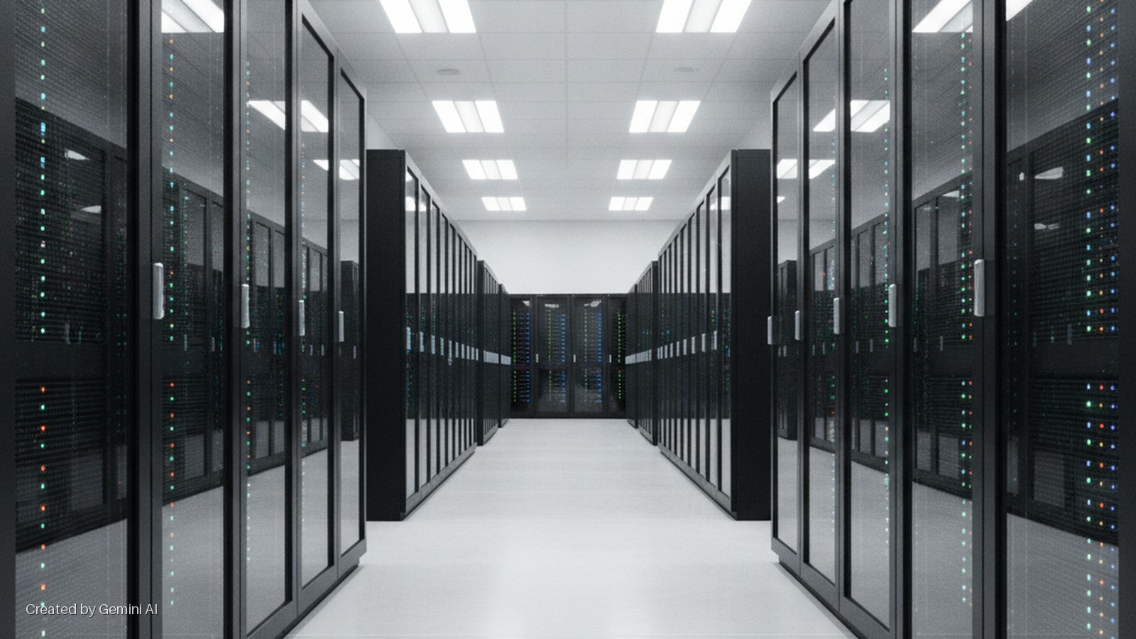 A brightly lit data center aisle features two long rows of black server racks with glass doors displaying colorful internal lights, under a white ceiling with rectangular fluorescent panels.