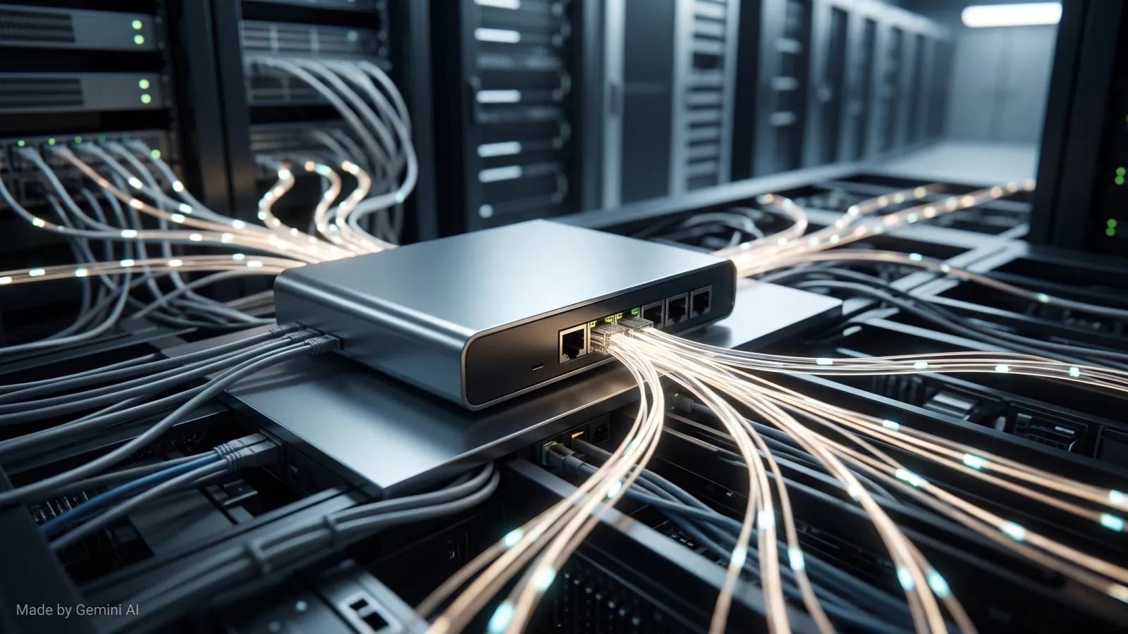 Abstract illustration of network traffic diverging at a shared router and firewall