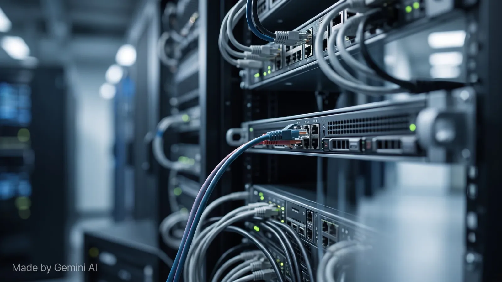 One network cable unplugged from a rack of enterprise servers in a data centre