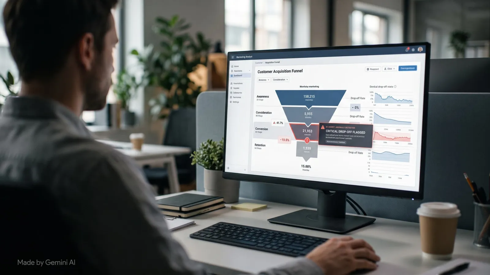 Analyst reviewing an AI dashboard showing customer acquisition funnel metrics and alerts