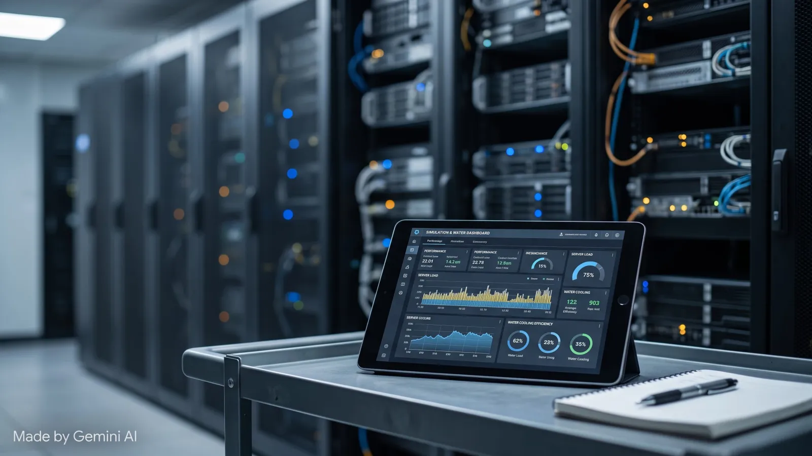 Engineer comparing server performance data in a data centre aisle