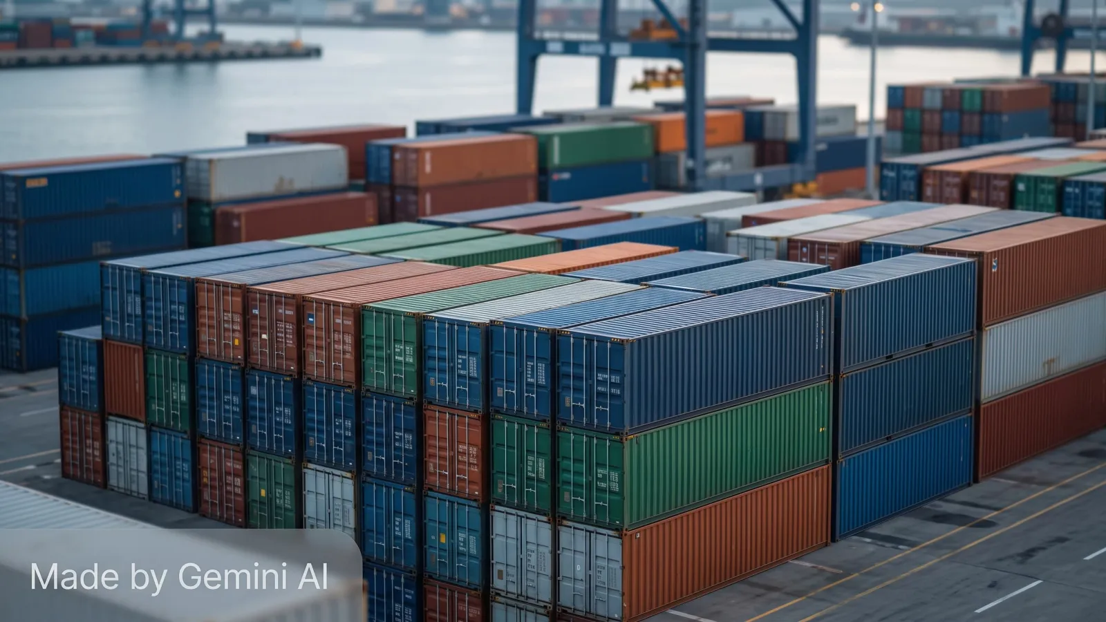 Shipping containers stacked at a port terminal awaiting collection by hauliers