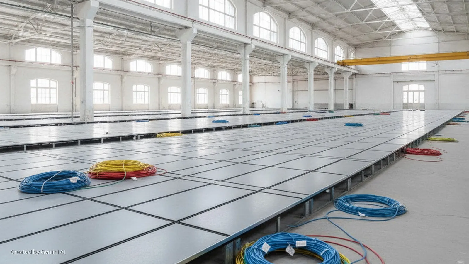 Brightly lit industrial warehouse interior with white columns, arched windows, and an overhead crane, featuring an extensive raised floor system being prepared with coils of blue, red, and yellow electrical cables.
