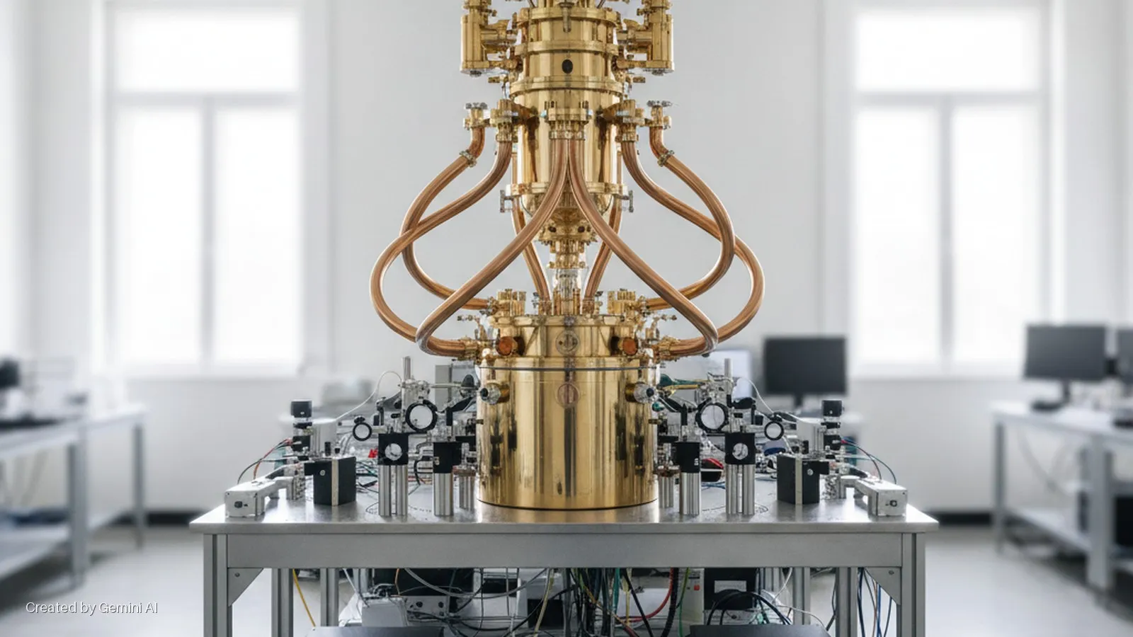 A golden, multi-tiered dilution refrigerator with curved copper tubes stands on a scientific workbench surrounded by control equipment in a brightly lit laboratory with large windows.