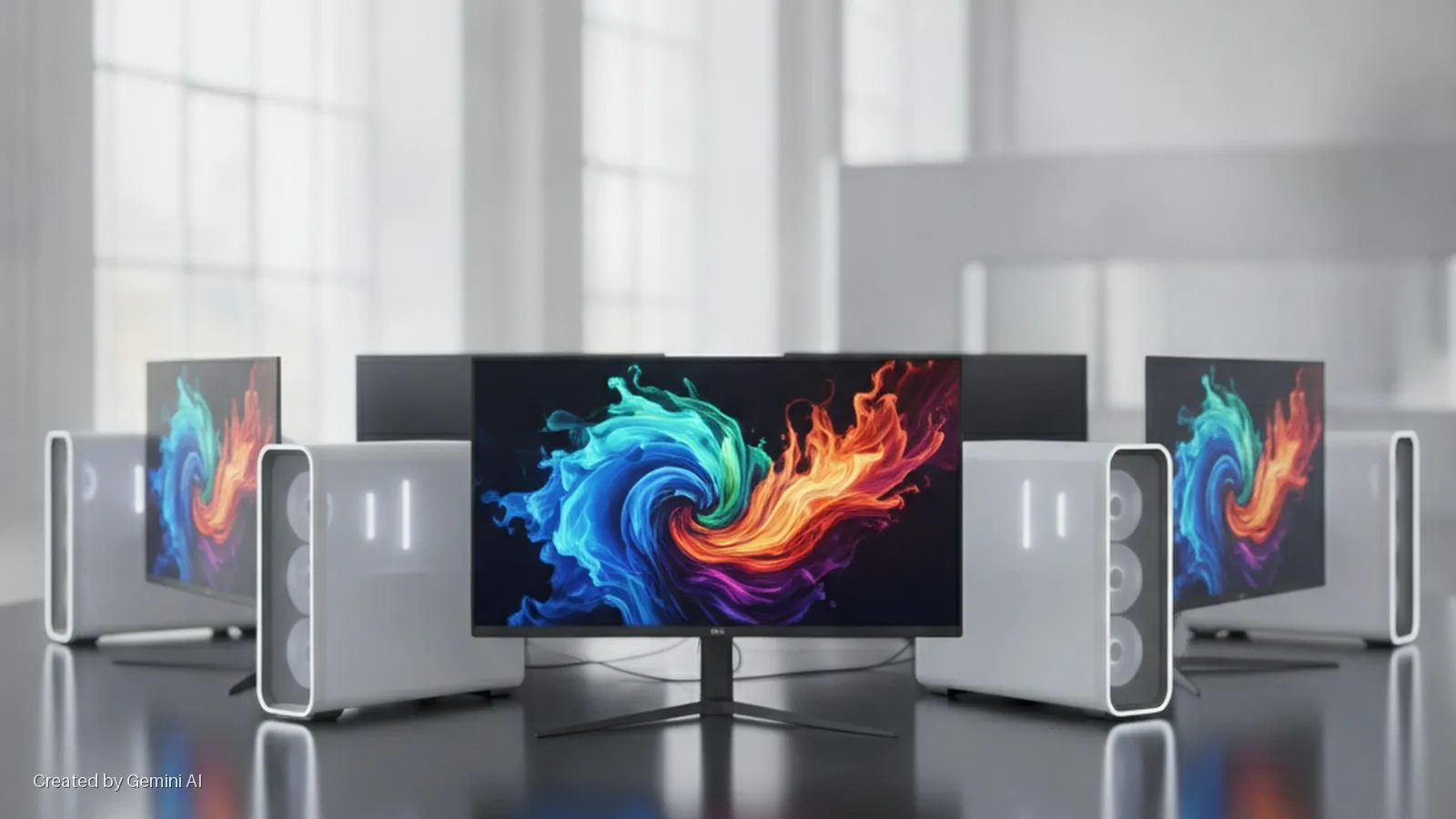 Multiple monitors displaying vibrant swirling abstract art and sleek white desktop computers are arranged on a dark, reflective surface in a brightly lit modern room with large windows.