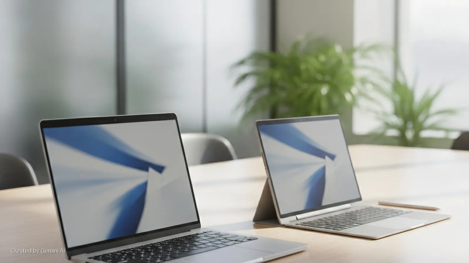 A silver clamshell laptop and a 2-in-1 laptop with a stylus rest on a light wooden table in a bright office setting, both displaying a blue and white abstract design on their screens.