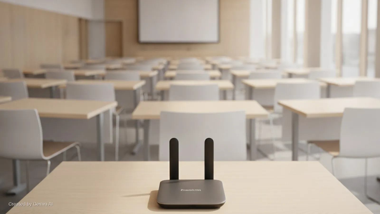 A dark grey Franklin device with two antennae rests on a light wooden desk in a brightly lit classroom with rows of wooden desks, white chairs, and a projector screen on the front wall.
