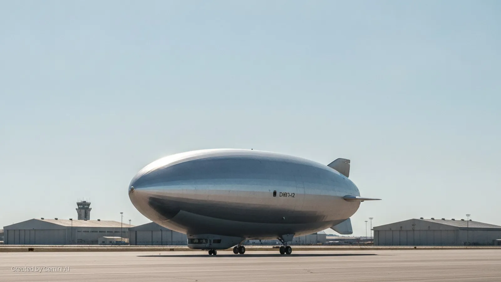 A silver blimp rests on an airport tarmac with an air traffic control tower and two hangars in the background under clear daylight.