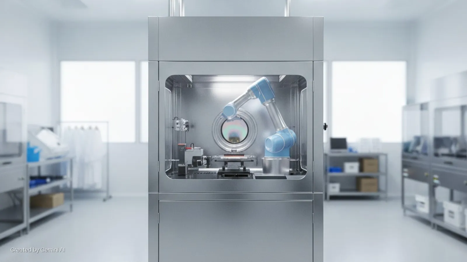 A blue robotic arm operates within a stainless steel enclosure featuring a circular viewing window, situated in a brightly lit cleanroom laboratory with racks of equipment and large windows in the background.