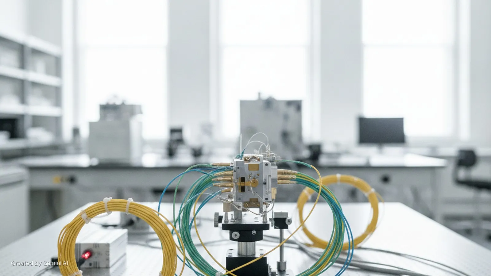 A central scientific apparatus intricately connected by numerous yellow, blue, and green fiber optic cables rests on a lab table, brightly lit by natural light from large windows in a blurred modern laboratory setting.