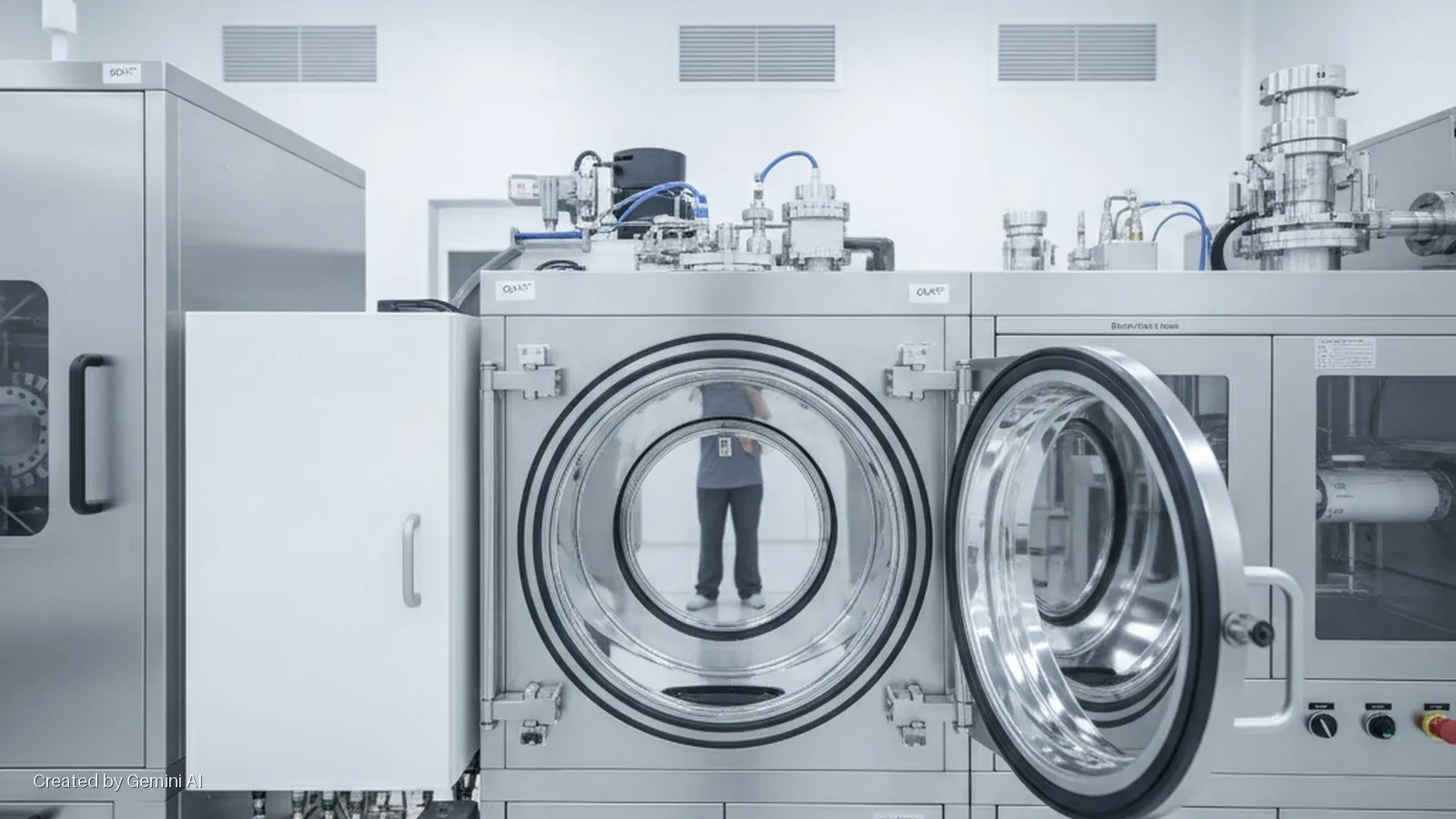 Brightly lit stainless steel bioprocessing equipment with two circular access ports, one open and one reflecting a person, in a cleanroom setting.
