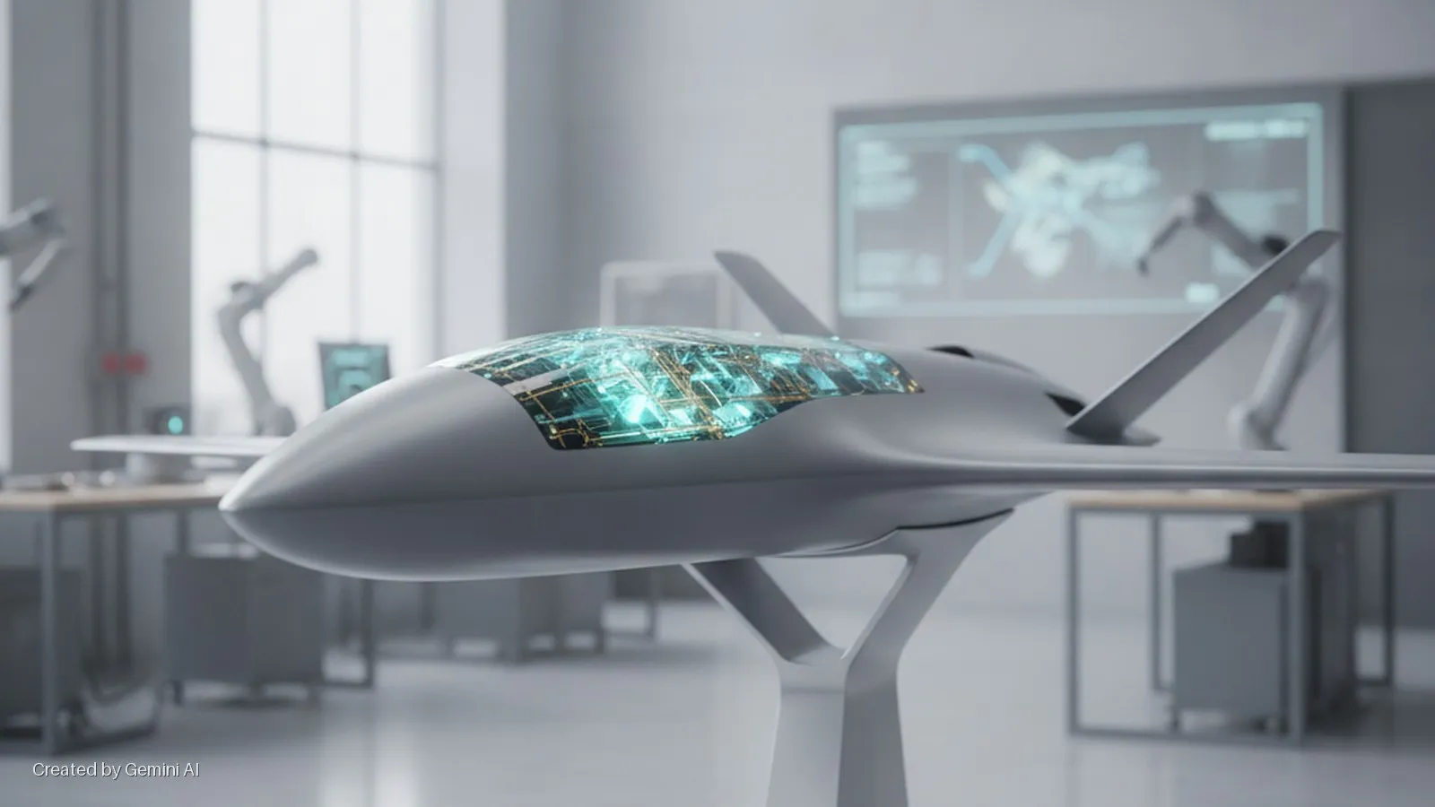 A grey, futuristic drone model with glowing internal circuitry visible through a transparent section is displayed on a stand in a brightly lit, modern lab, with robotic arms and a large technical display screen in the background.