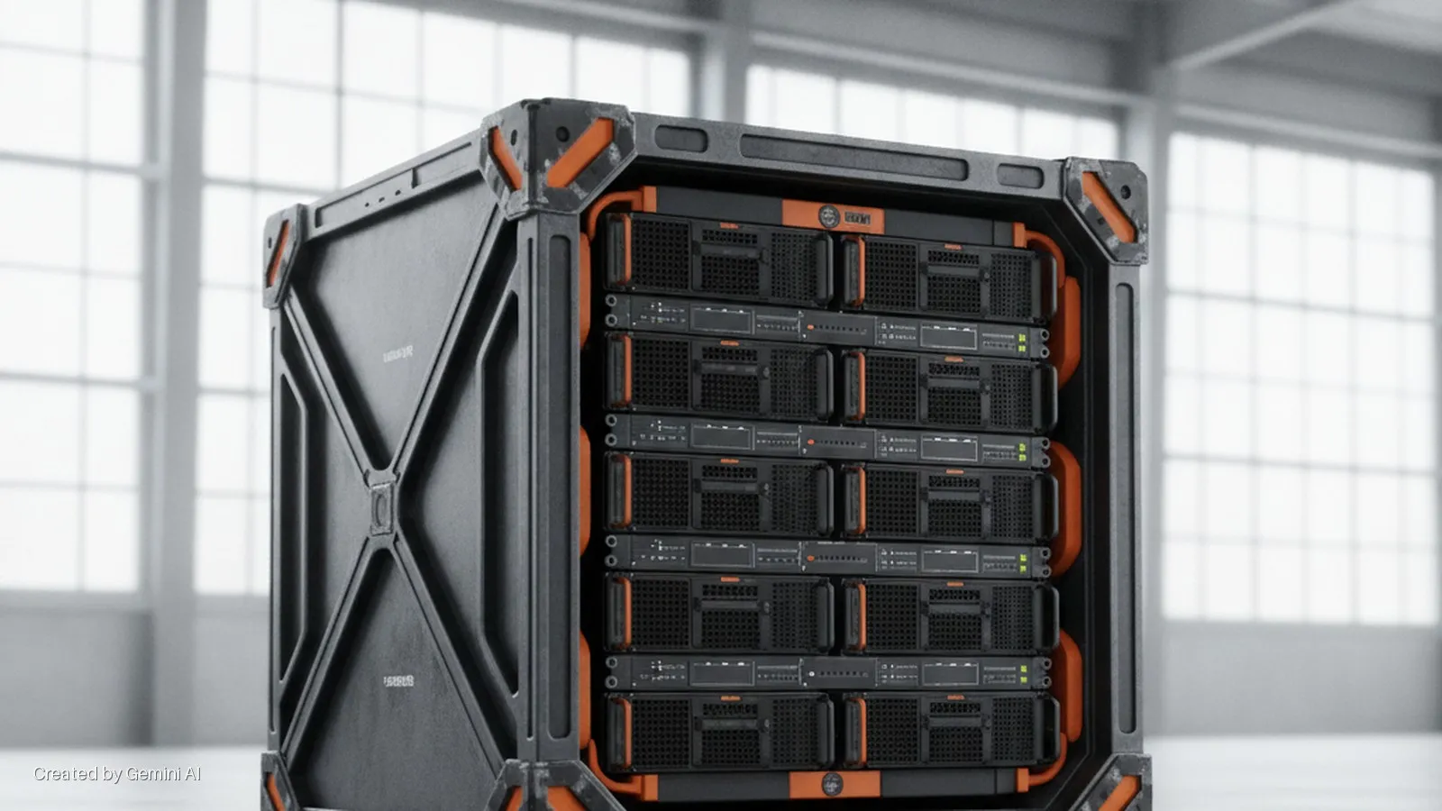 A dark grey, ruggedized server rack with orange accents encases multiple black server units, positioned in a brightly lit indoor space with large grid windows in the background.