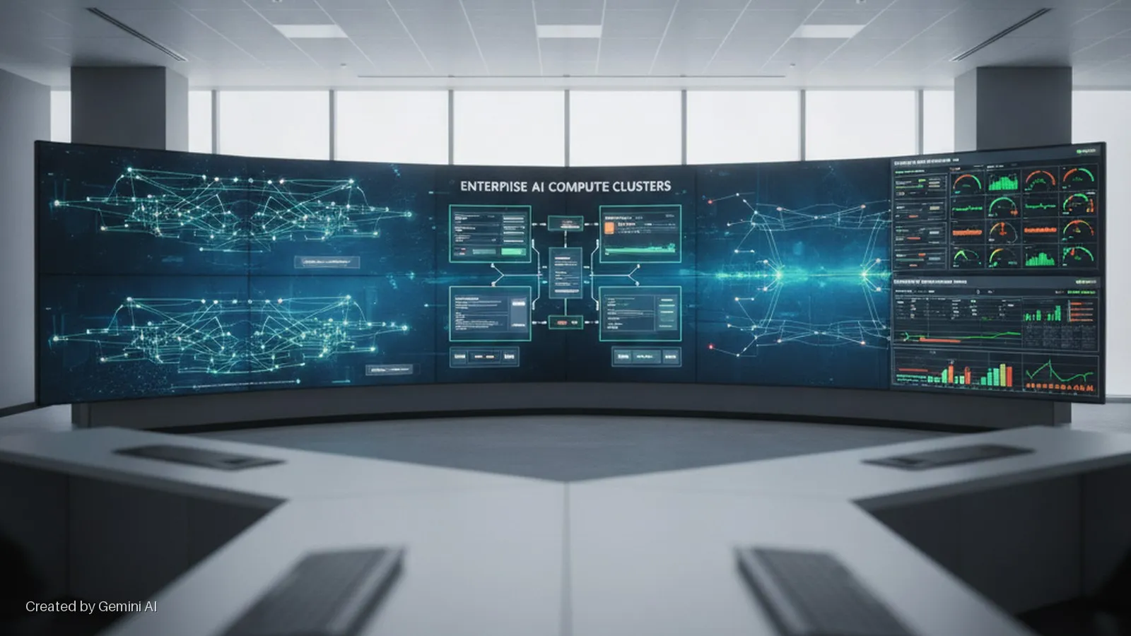 A brightly lit modern control room features a large curved display wall showing blue and green technical diagrams, graphs, and dials, with a white conference table and keyboards in the foreground, and windows in the background.