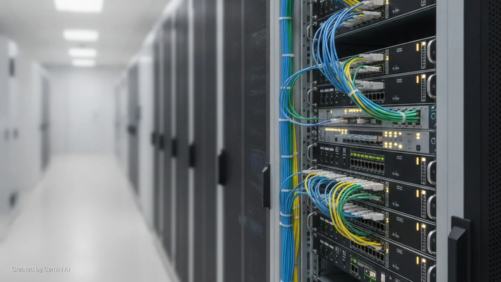 Close-up of neatly bundled blue, green, and yellow network cables connected to servers and switches in a brightly lit data center aisle lined with server racks.