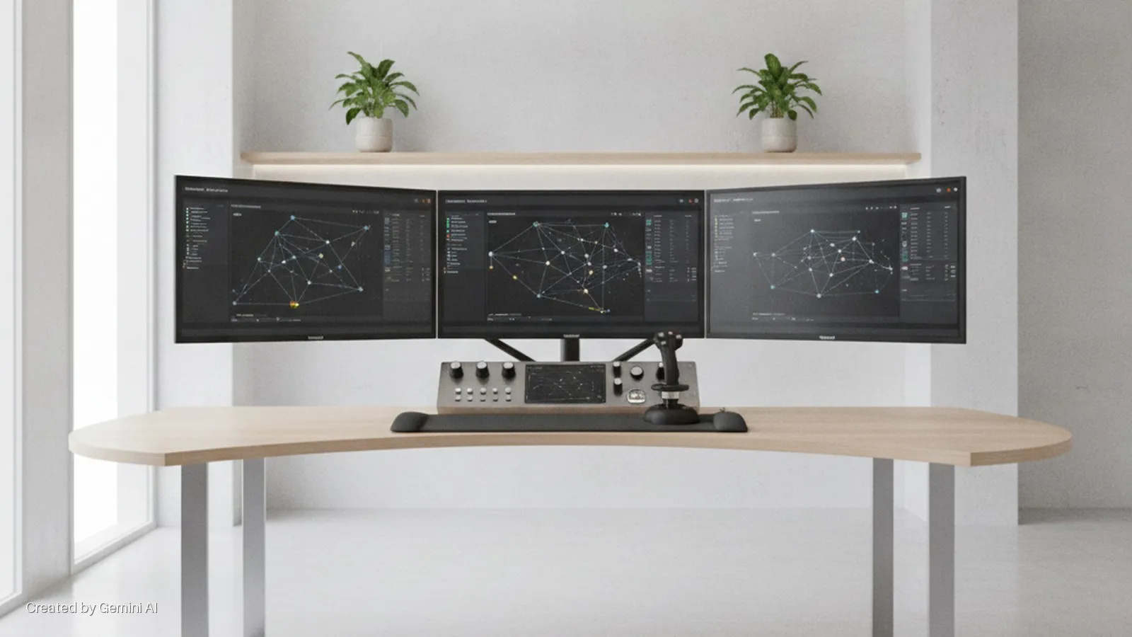 Three computer monitors displaying network graphs with data are positioned on a light wooden desk, alongside a control panel, a joystick, and a keyboard wrist rest, in a bright, minimalist office space with white walls, a window, and two po
