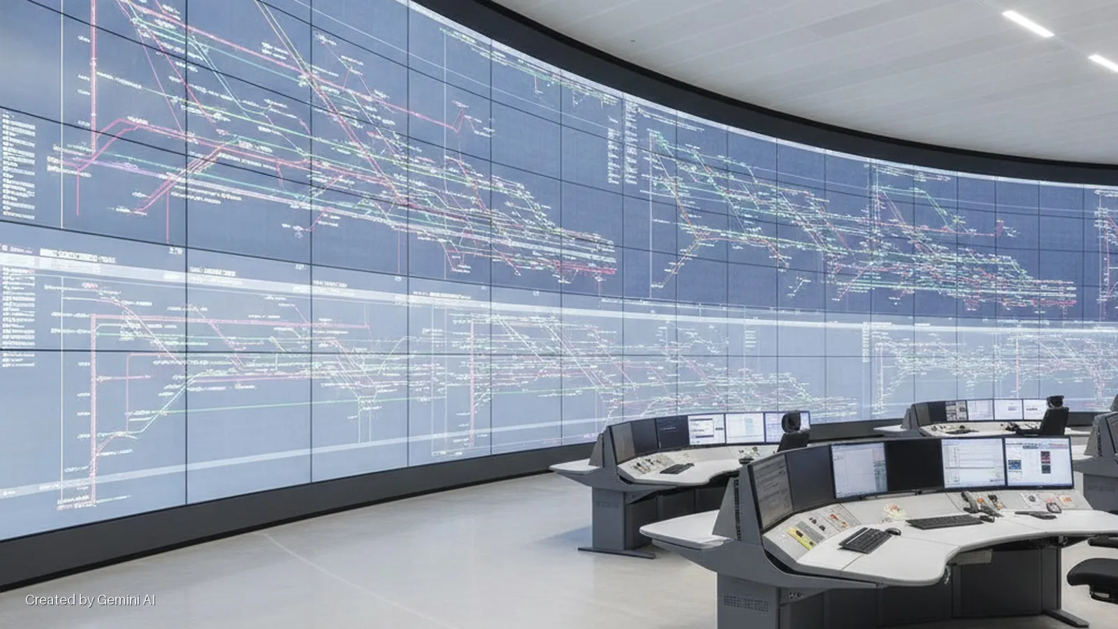 A brightly lit control room features a large curved video wall displaying a complex network diagram, with multiple operator desks equipped with computer monitors and control panels in the foreground.