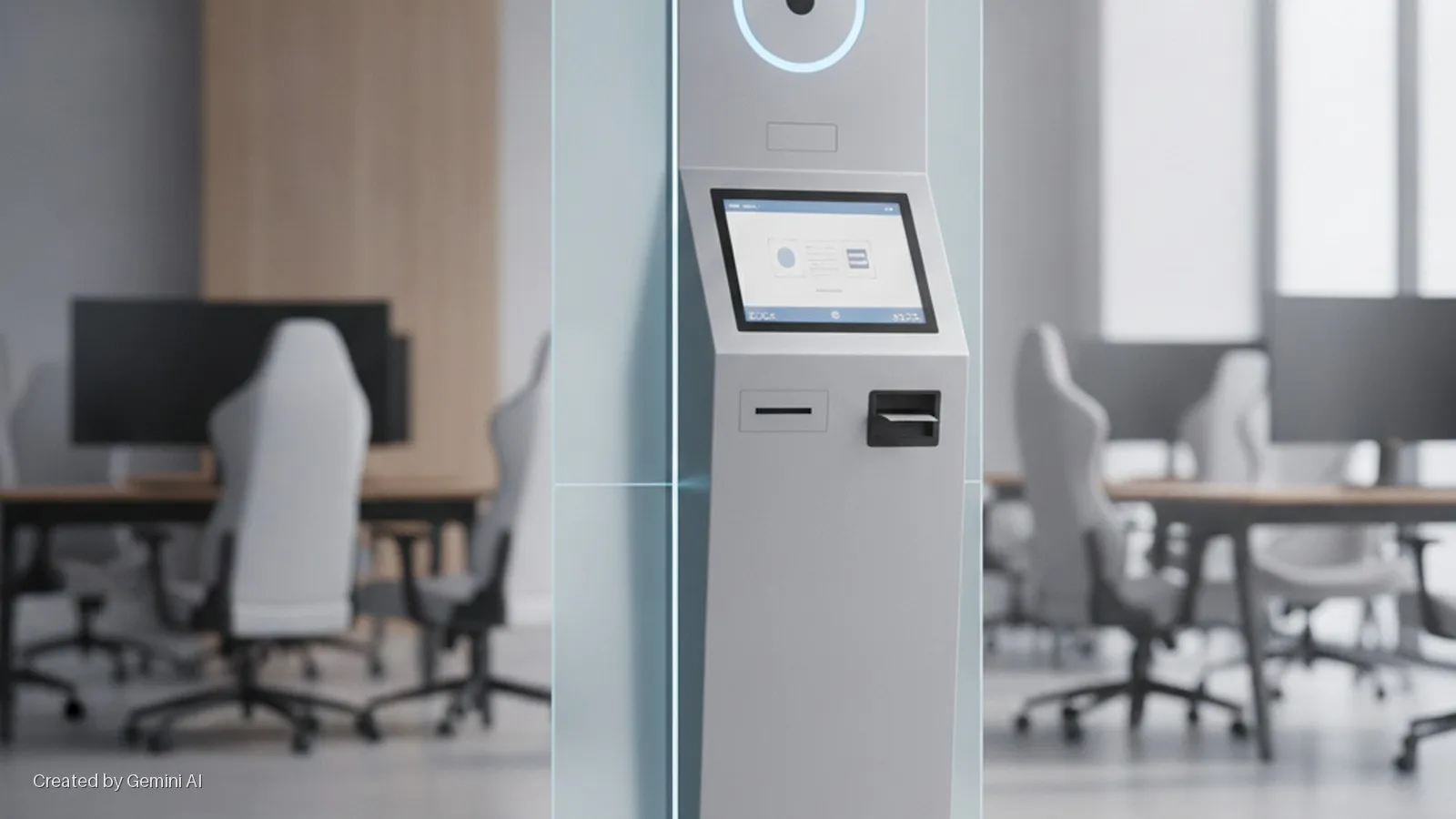 A white self-service kiosk with a touchscreen, card reader, and document slot stands in a brightly lit office, flanked by transparent panels, with desks, computer monitors, and ergonomic chairs visible in the background.