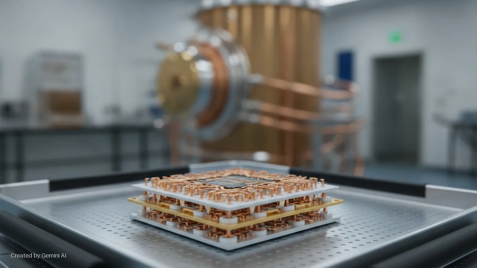A multi-layered quantum chip assembly with copper wiring sits on a perforated metal tray in a brightly lit laboratory, with a large, blurry copper cryostat in the background.