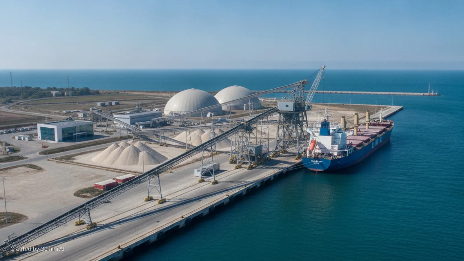 An aerial view of an industrial port on a clear, sunny day, featuring a blue cargo ship docked at a long pier with multiple cranes and conveyor belts, alongside large storage domes, material piles, and buildings.