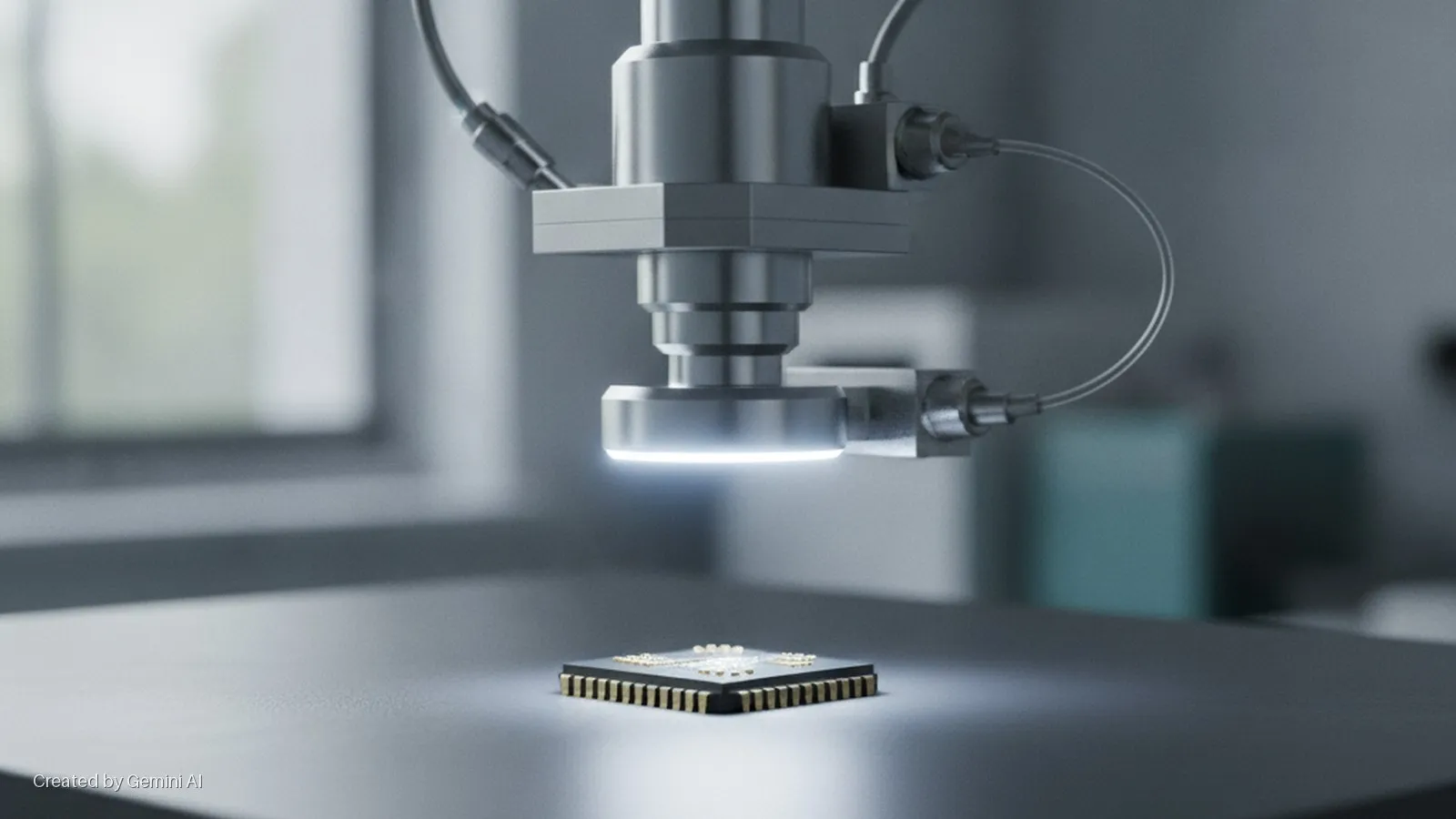 A microchip on a gray surface is brightly illuminated from above by a precision optical inspection apparatus with connecting tubes and cables, set in a laboratory with a blurred window in the background.