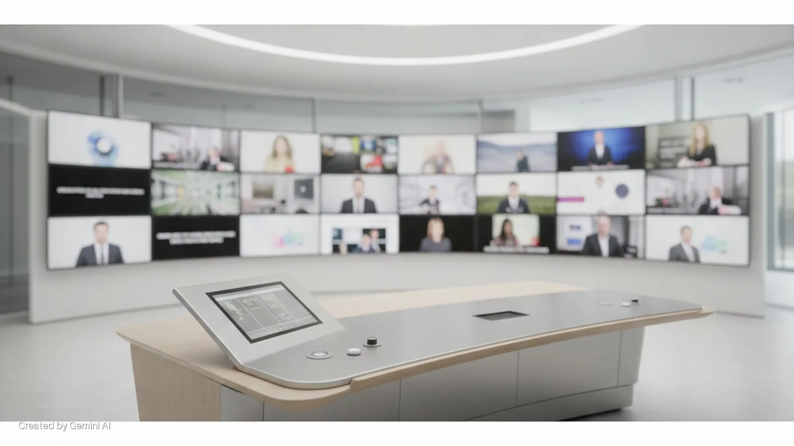 A sleek conference table with an integrated control panel sits in a brightly lit, modern conference room featuring a curved wall of multiple screens displaying video conference participants and graphics.
