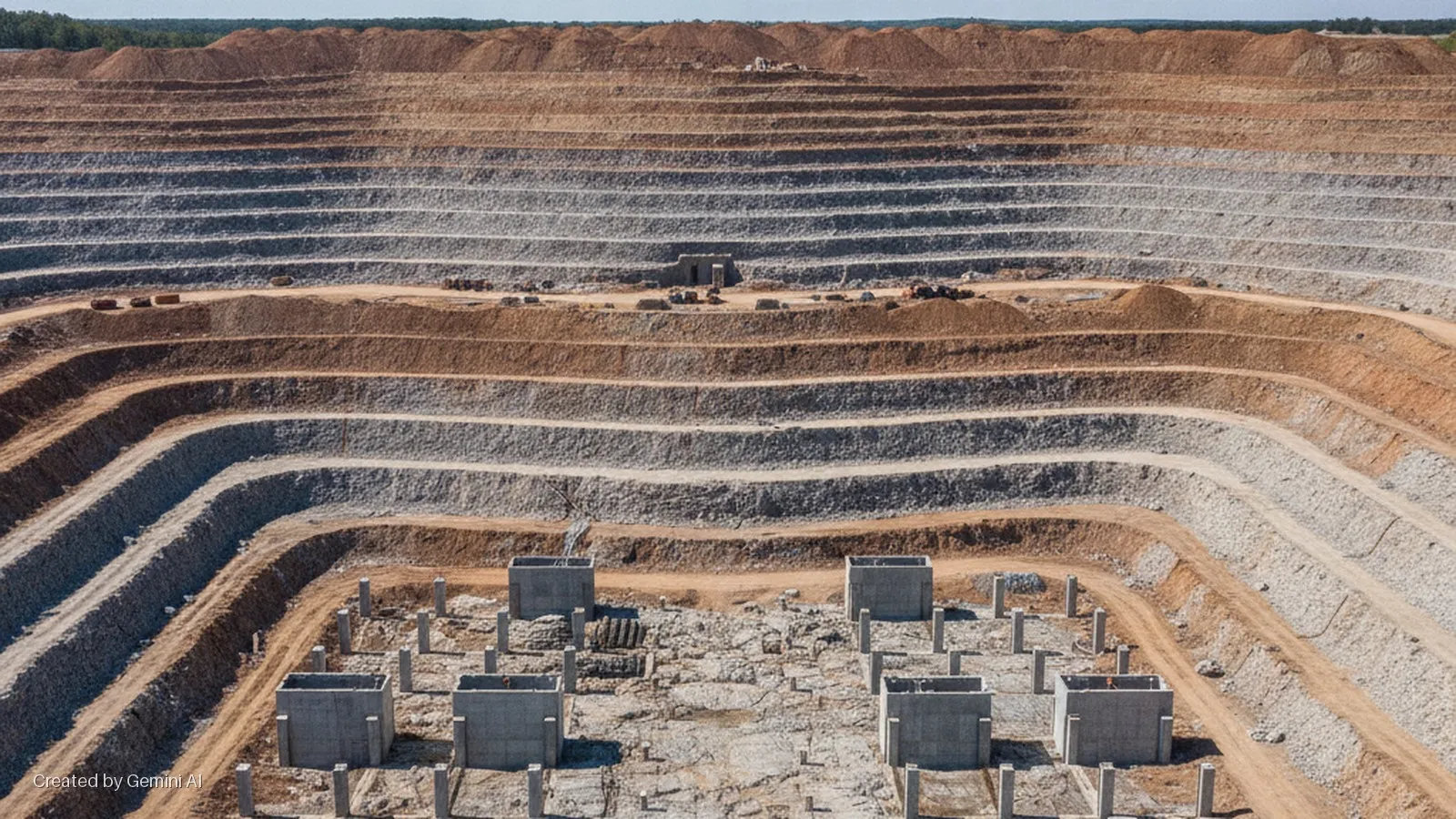 Concrete foundation structures and pillars are positioned at the bottom of a vast, terraced open-pit excavation, illuminated by bright daylight.