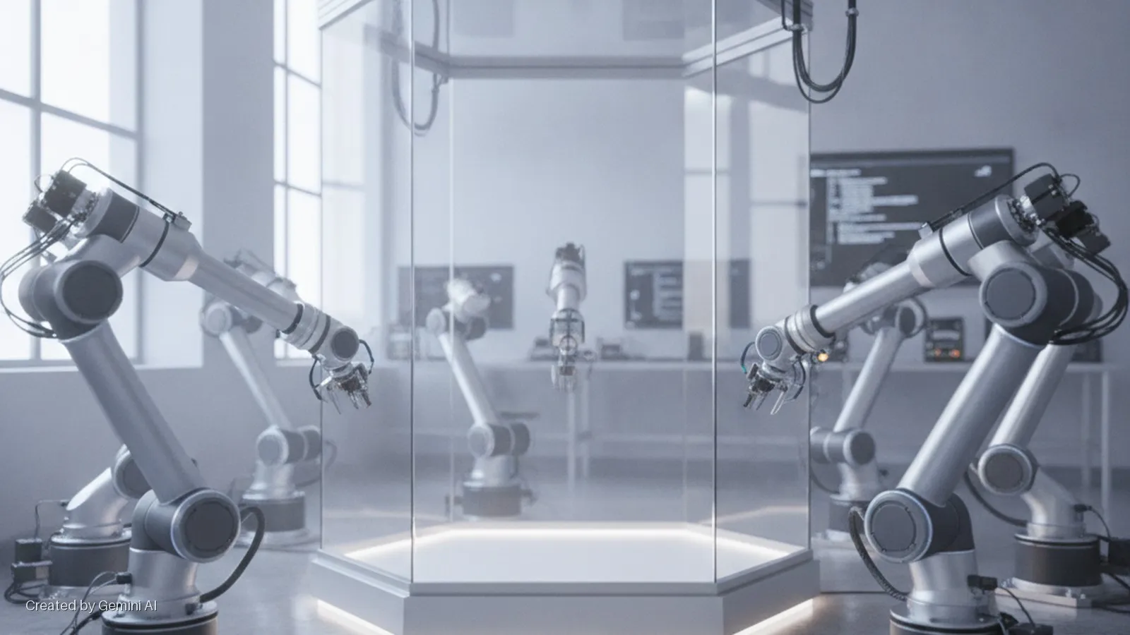 Grey robotic arms are set up in a brightly lit, high-tech room around a central hexagonal glass display case, with computer screens visible in the background.