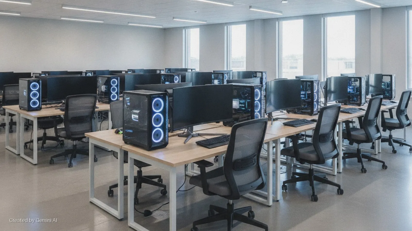 A bright, modern computer lab features rows of light wood desks, black mesh chairs, and desktop computers with illuminated blue and white fans and monitors, illuminated by natural light from large windows and overhead fixtures.