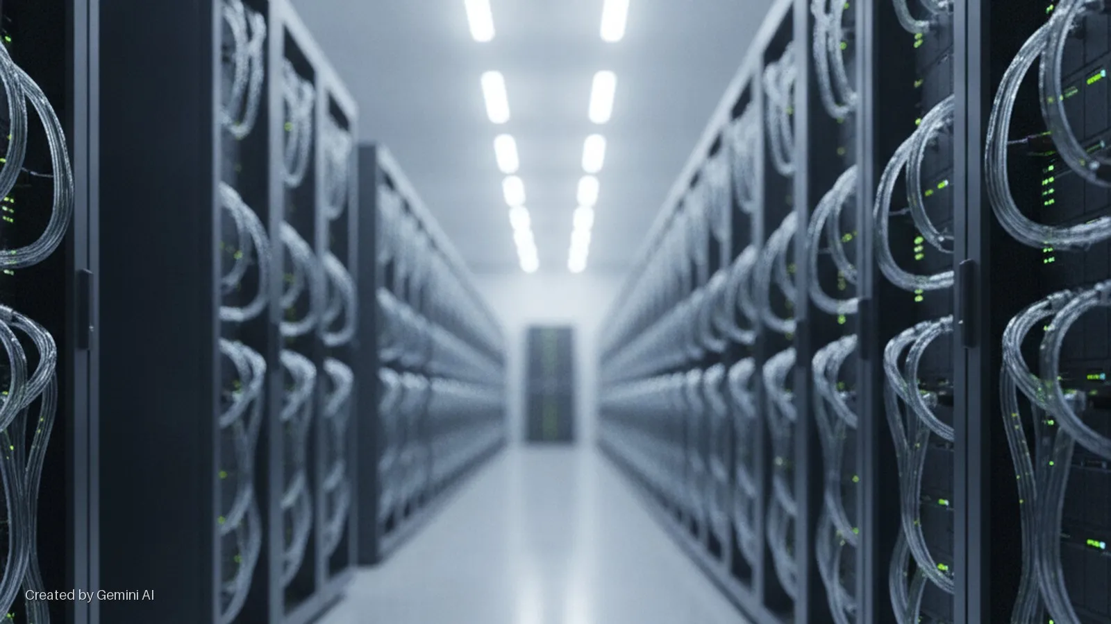 A long aisle in a brightly lit data center is lined with rows of dark server racks featuring numerous bundled cables and green indicator lights.