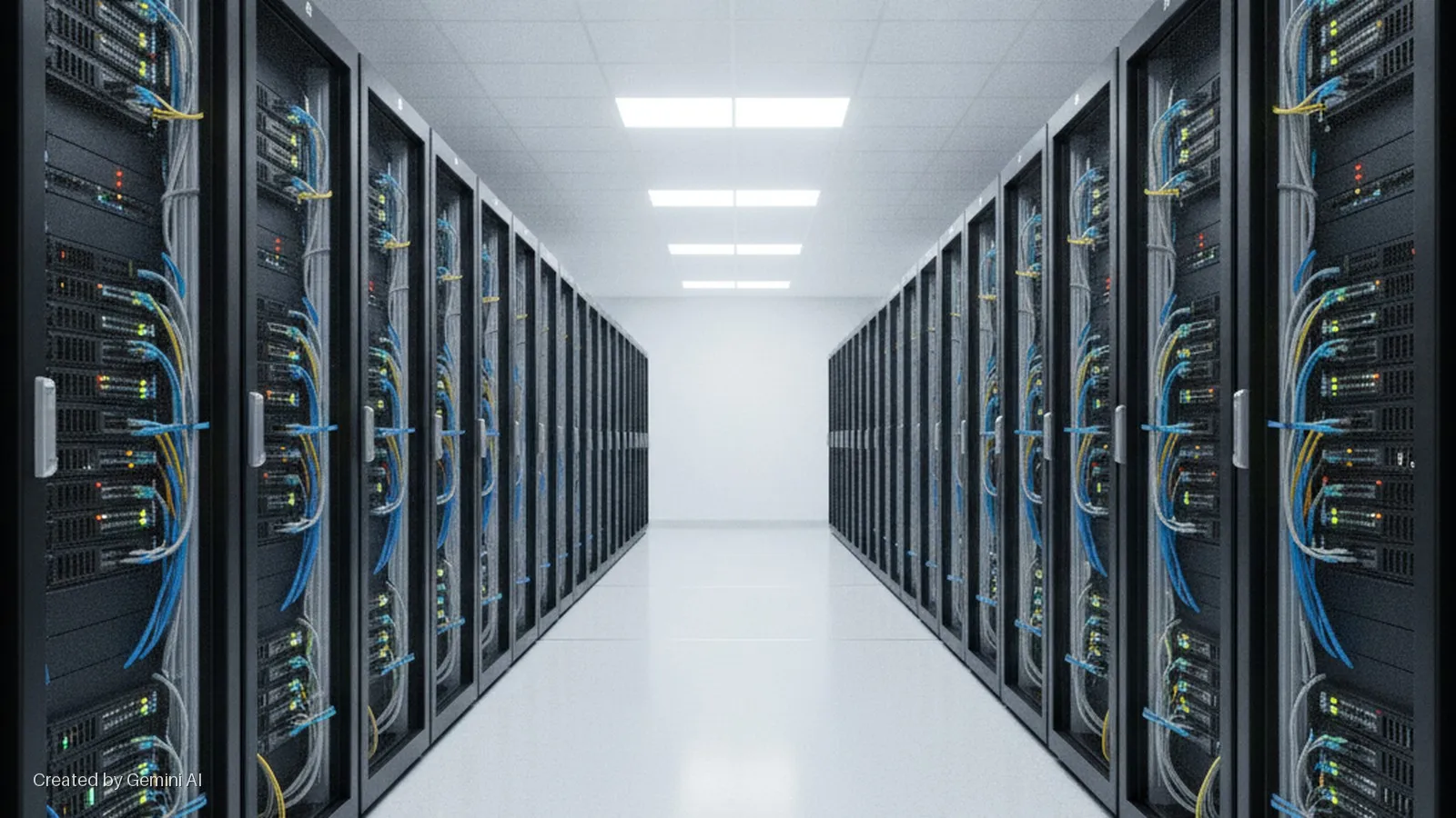 A brightly lit data center hallway with symmetrical rows of black server racks, filled with network equipment and blue, yellow, and gray cables, under rectangular fluorescent ceiling lights.