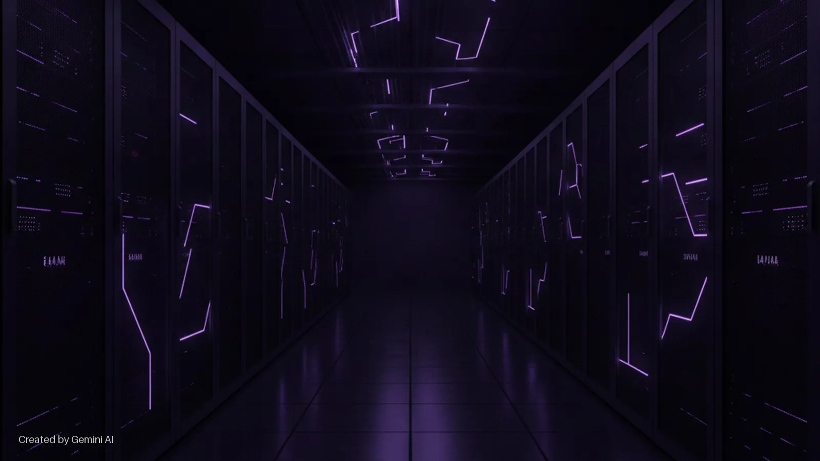 A dark server room corridor features rows of black server cabinets on both sides, illuminated by bright purple glowing lines that continue across the ceiling and subtly reflect on the floor.