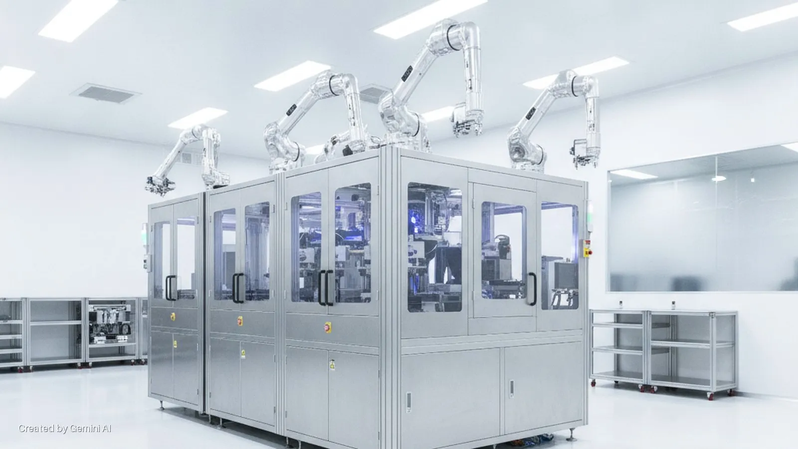 Four transparent robotic arms are mounted on a series of automated manufacturing machines in a brightly lit, sterile cleanroom, with modular shelving units and a large glass window also visible.