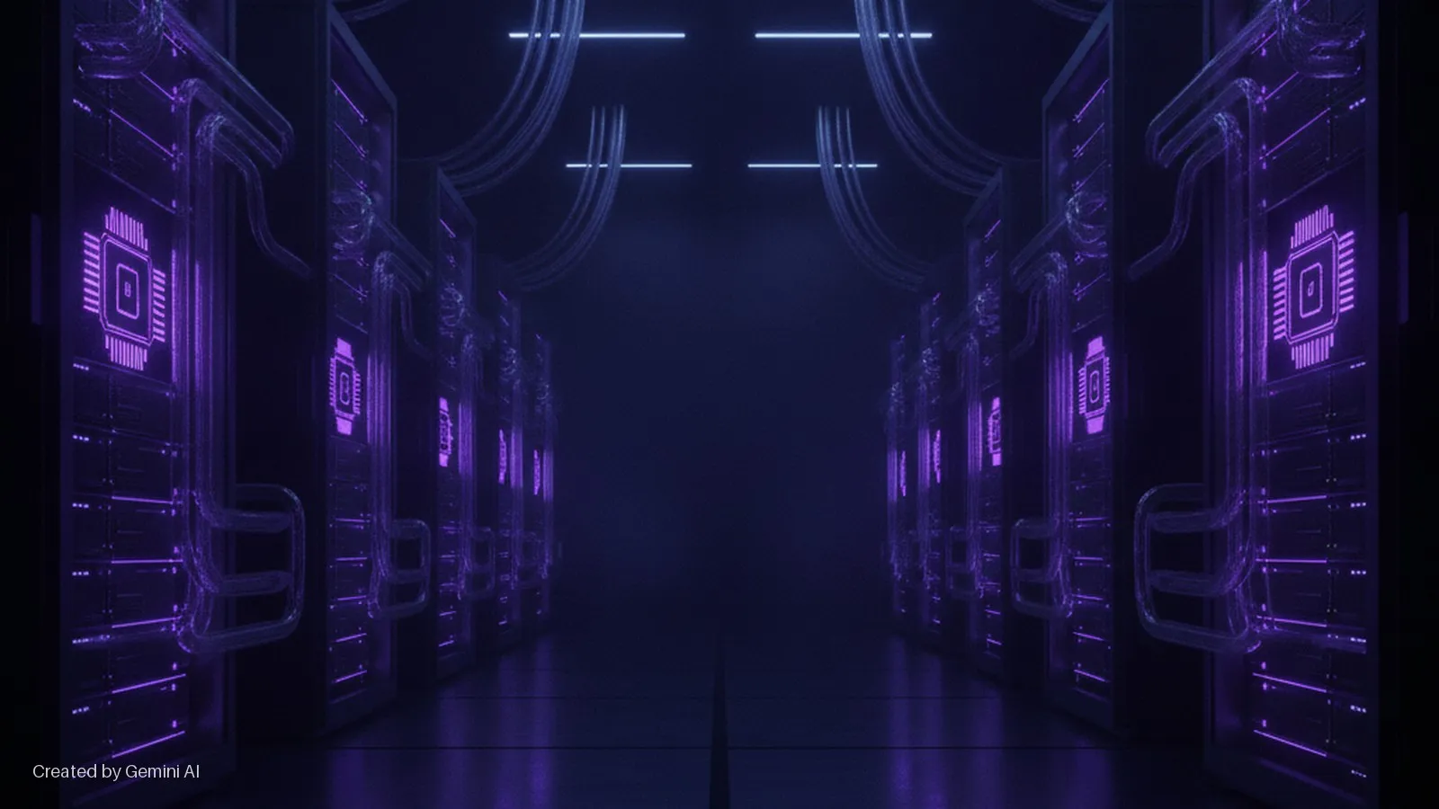 A dimly lit server room corridor is lined with rows of dark server racks featuring glowing purple circuit board designs and transparent tubing, illuminated overhead by blue linear lights.