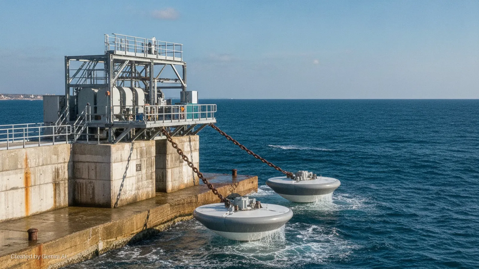 A metal industrial structure stands on a concrete pier, connected by heavy chains to two disc-shaped wave energy converters floating in the sunny blue sea.