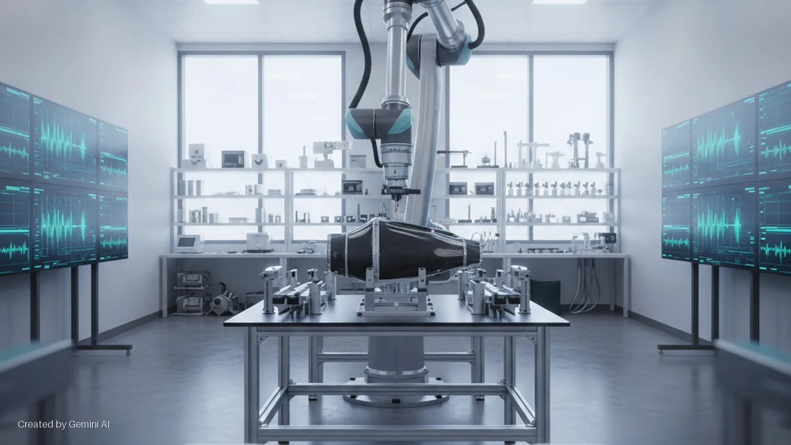 A robotic arm precisely inspects a black carbon fiber component on a table in a brightly lit, modern laboratory surrounded by multiple monitors displaying teal waveform data and shelves stocked with various equipment.