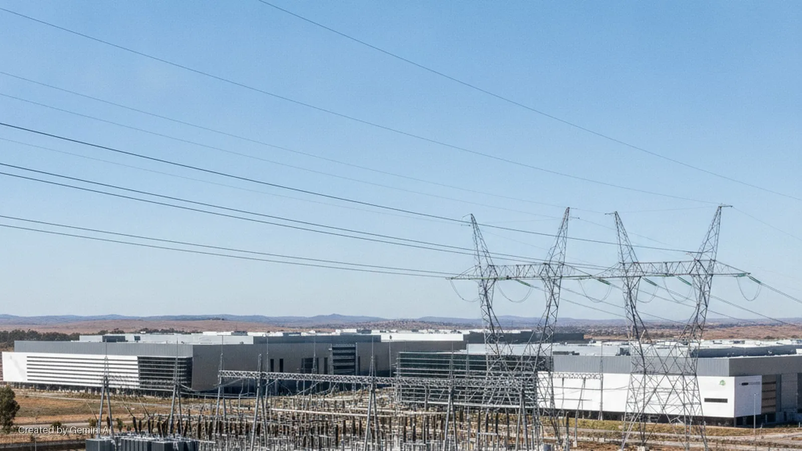 Transmission lines stretch across a clear blue sky over electricity pylons, an electrical substation, and a large campus of gray industrial buildings in a sunny, arid landscape with distant hills.