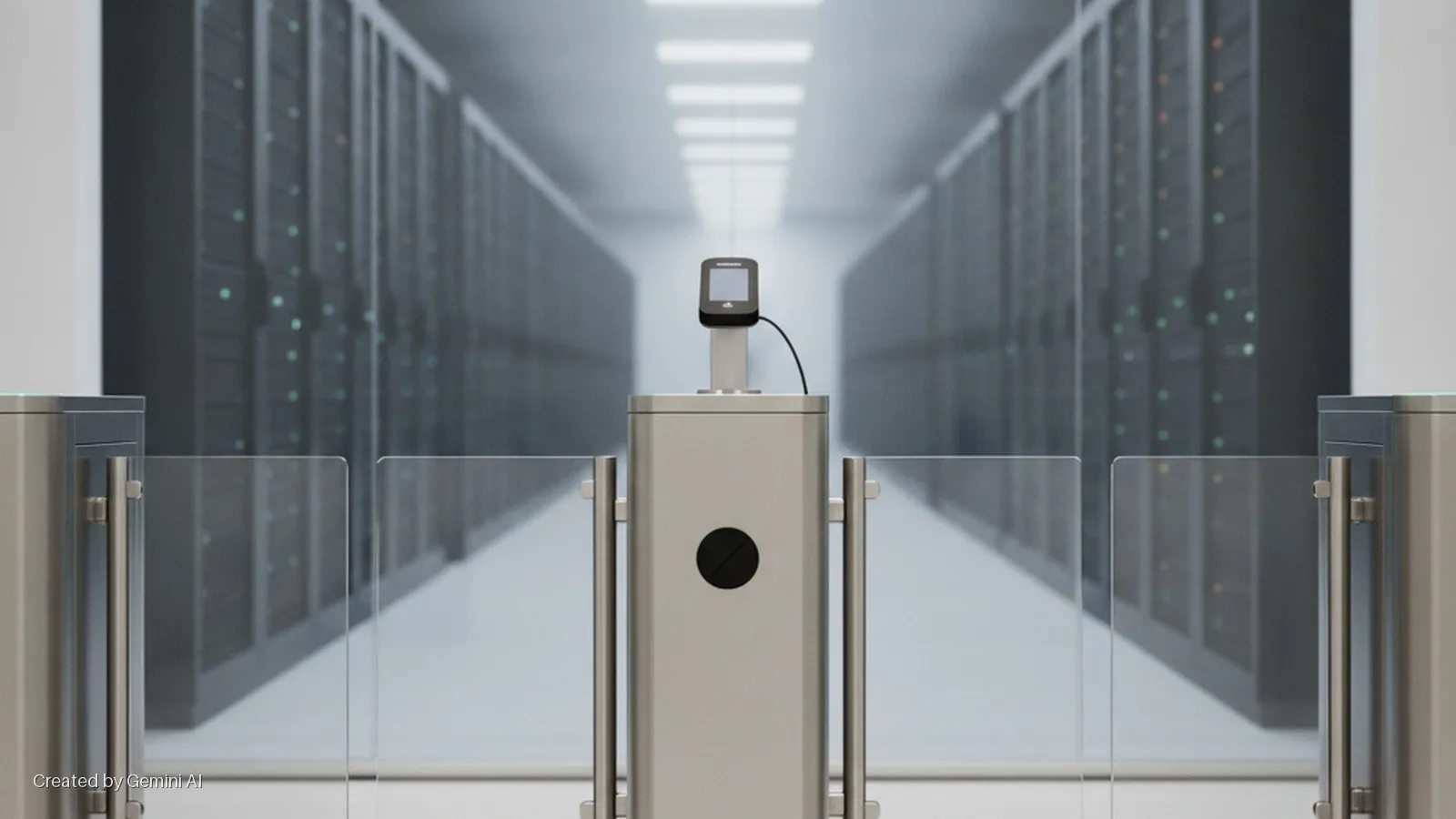 A well-lit data center entrance features a silver security turnstile with glass barriers and an access control device, leading to rows of server racks with illuminated status lights.