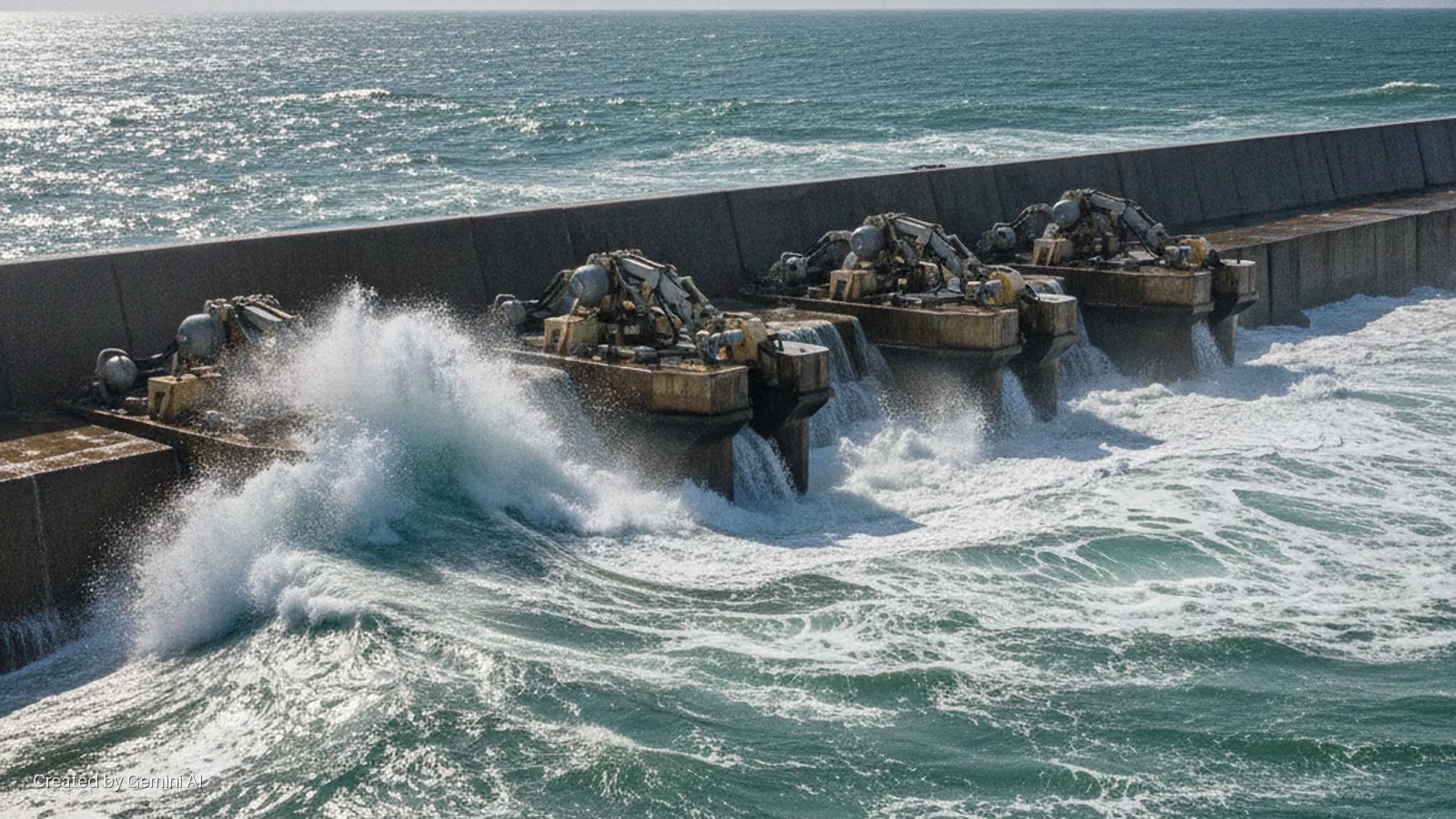 Ocean waves crash against multiple concrete wave energy converters built into a seawall, spilling water over them under bright sunlight.