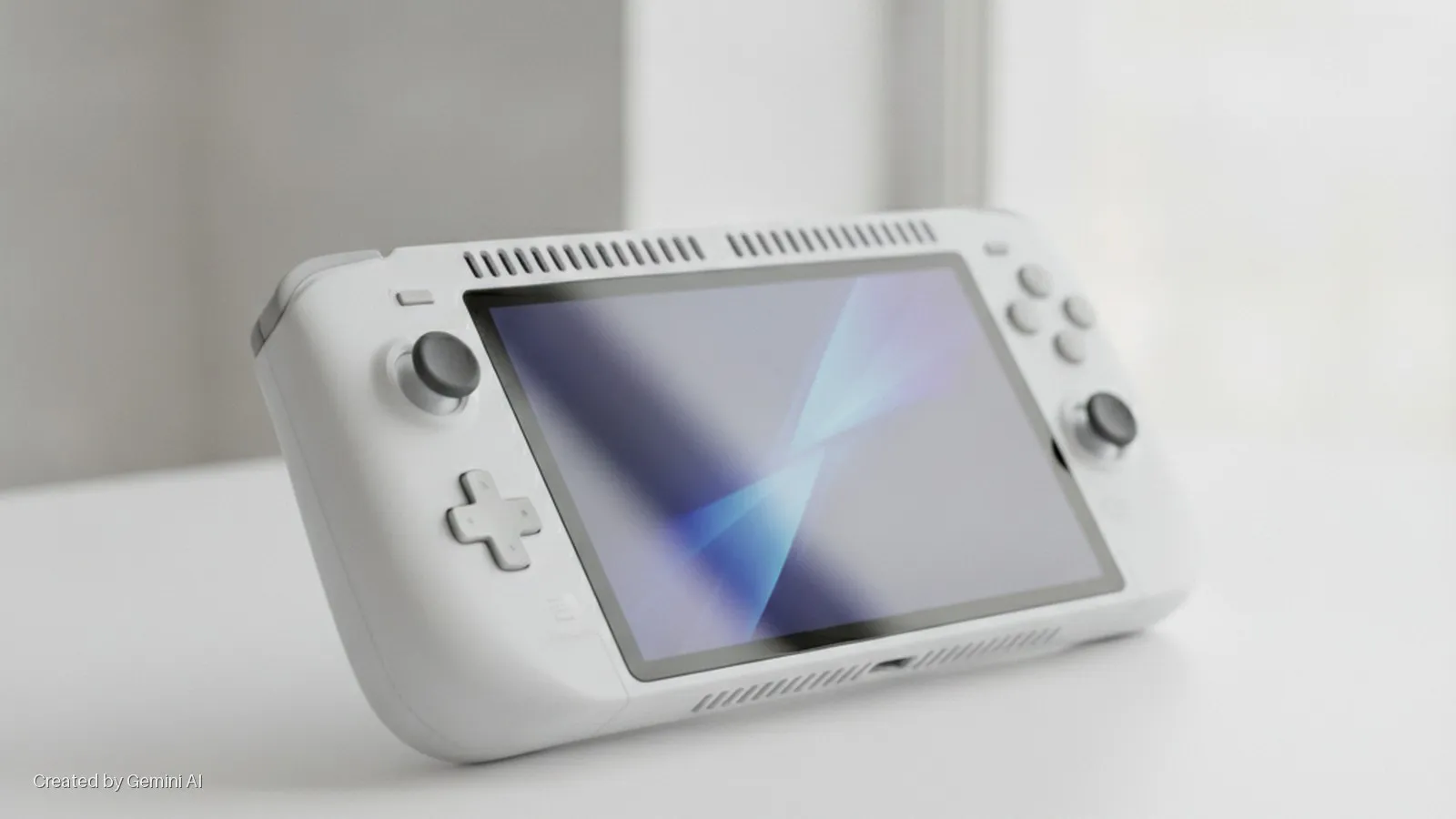 A white handheld gaming console, displaying abstract blue graphics on its screen and featuring a D-pad, analog sticks, and buttons, rests angled on a light surface under bright, soft lighting.