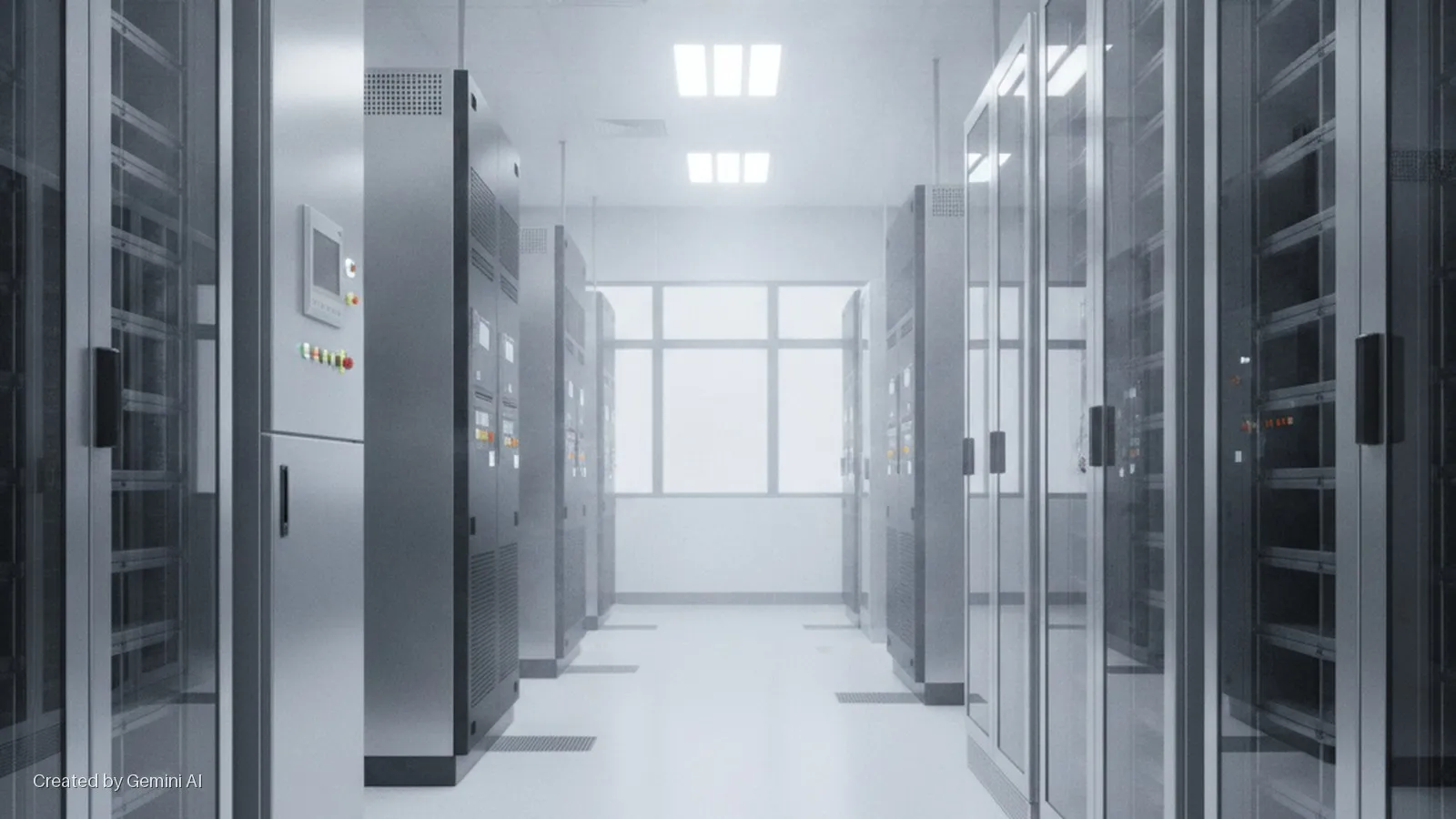 A bright, cool-toned data center corridor with rows of silver server racks, some featuring glass doors and control panels, illuminated by rectangular ceiling lights and a large window at the far end.