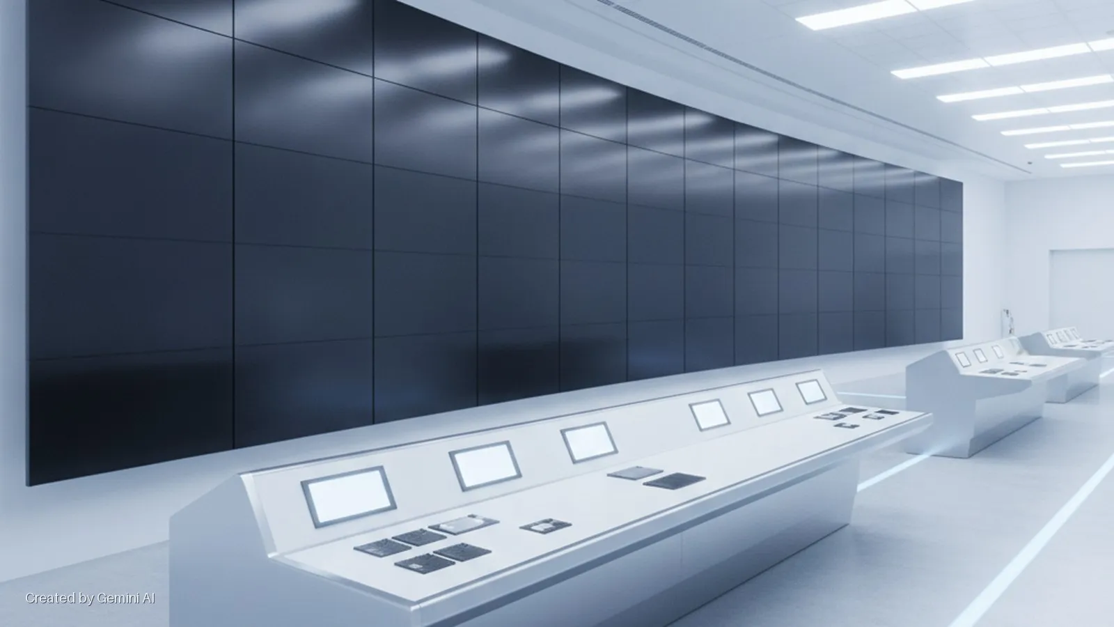 A modern control room features a large grid video wall, multiple white control consoles with illuminated screens and vintage floppy disks, under bright white ceiling lights.