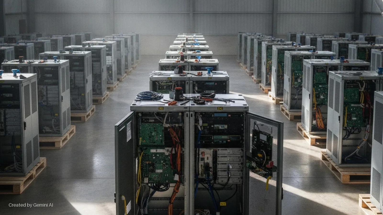 Numerous server racks, some open to reveal circuit boards and wiring, are arranged in rows on wooden pallets in a spacious, brightly lit warehouse, with tools resting on the open racks in the foreground.