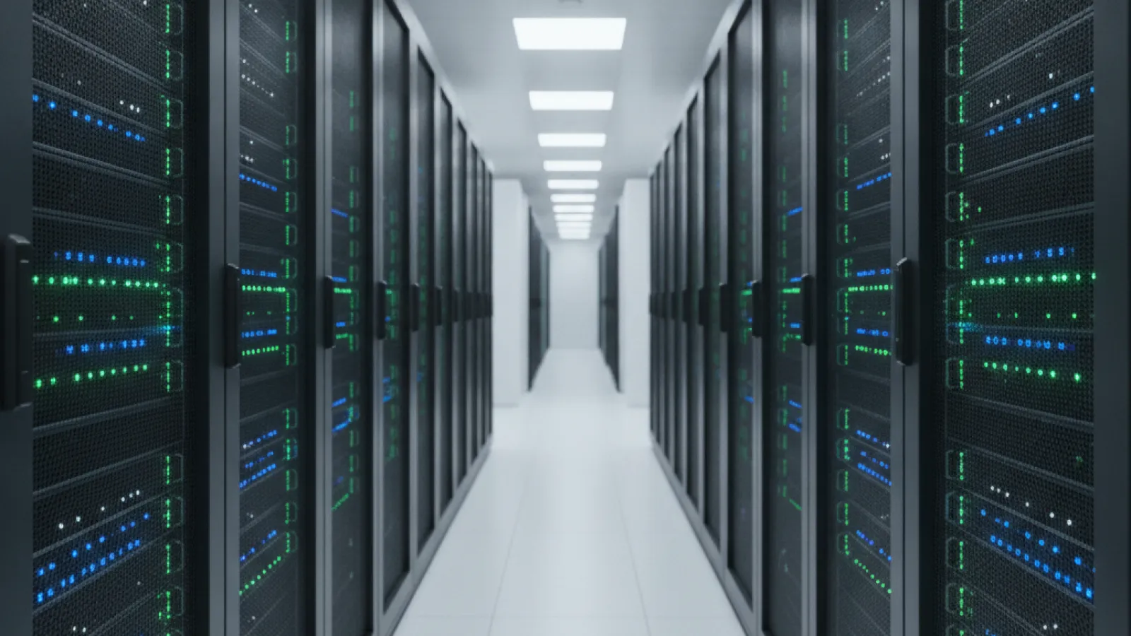 A long, brightly lit corridor in a data center features rows of black server racks on both sides, displaying numerous glowing blue and green LED indicator lights, beneath white square ceiling panels.