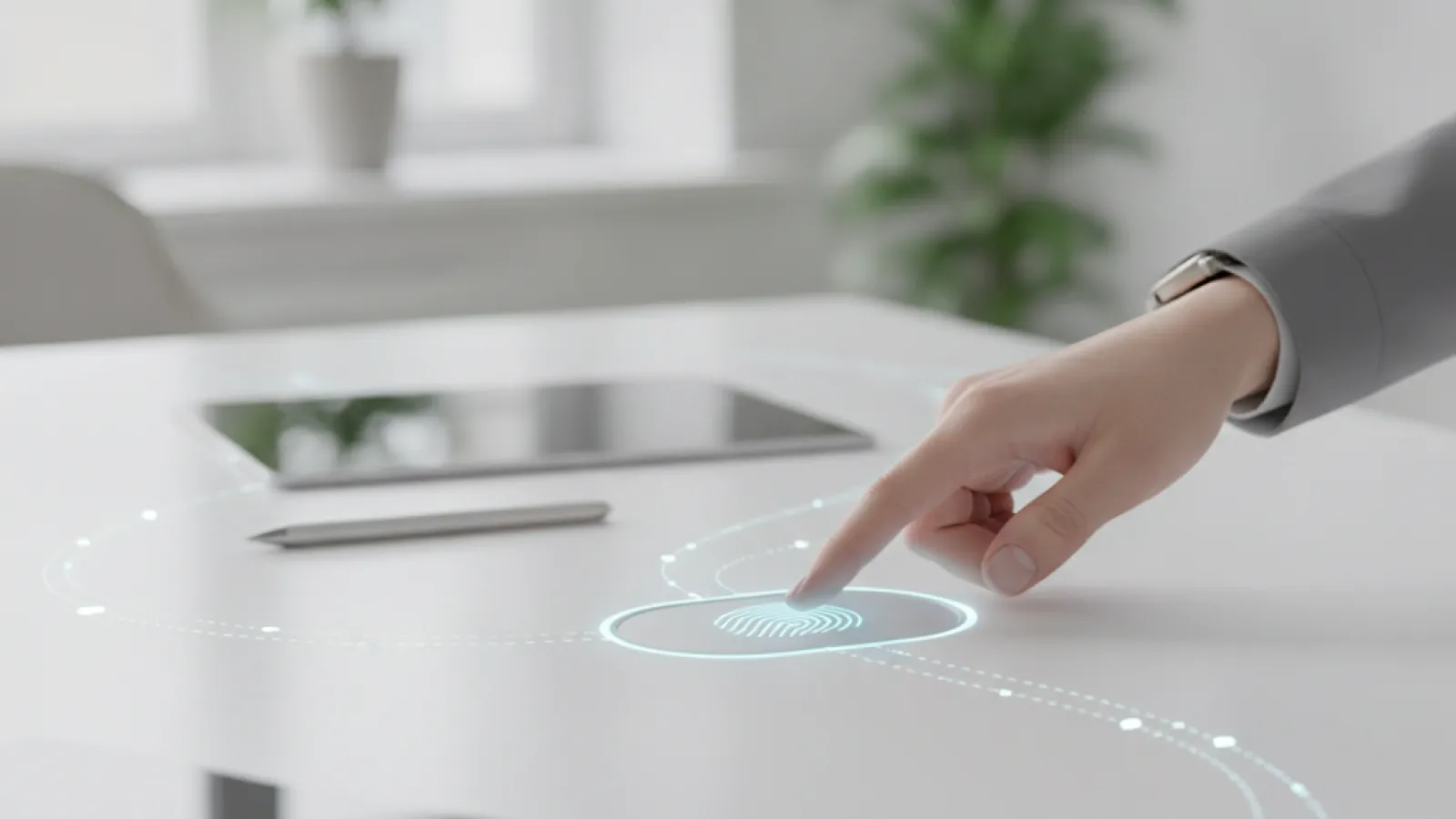 A hand in a grey suit jacket touches a glowing blue fingerprint icon on a white table, which also holds tablets and a stylus pen, in a brightly lit office.