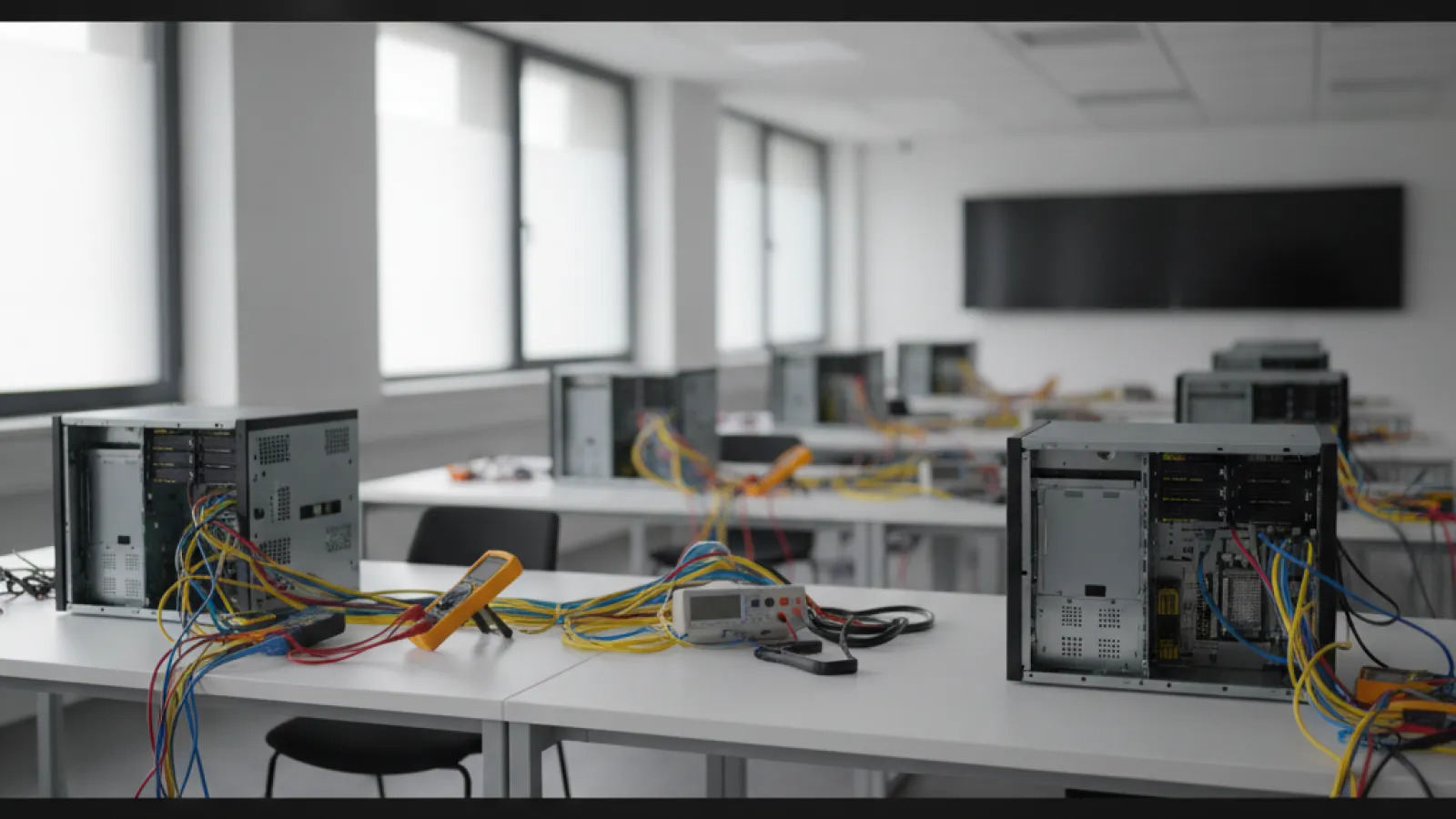 A well-lit computer lab features multiple open desktop computer cases with colorful wires connected to multimeters and other electronic equipment on white tables, with large windows and a display screen visible in the background.