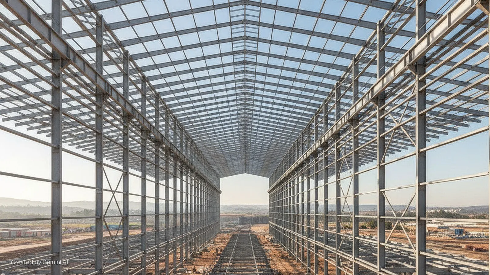 The expansive steel framework of a large industrial building under construction, with repetitive columns and roof trusses receding into the distance under a bright, clear sky.