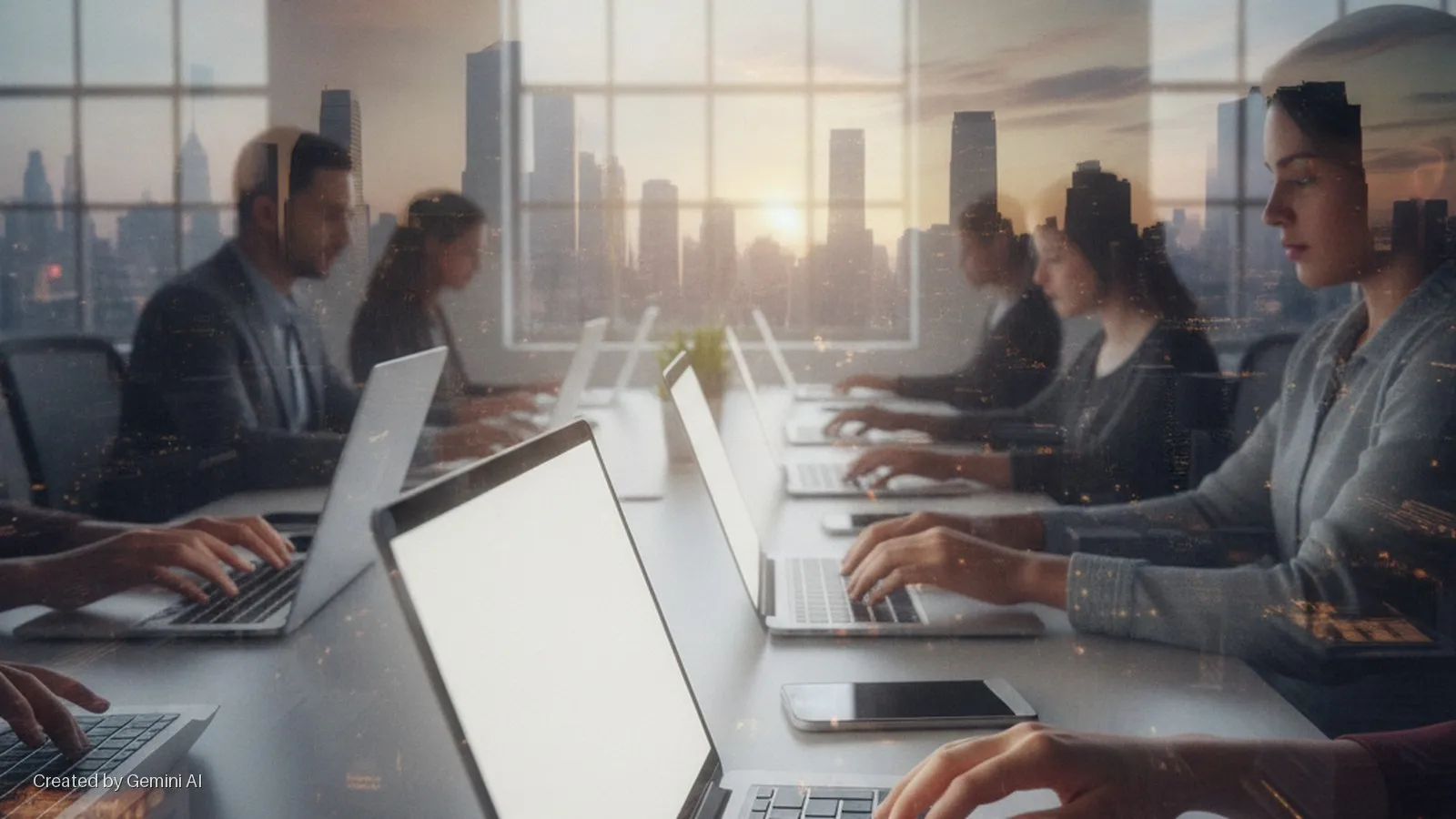 Professionals use laptops at a conference table in an office, while a warm cityscape at sunset is visibly layered over the indoor scene.