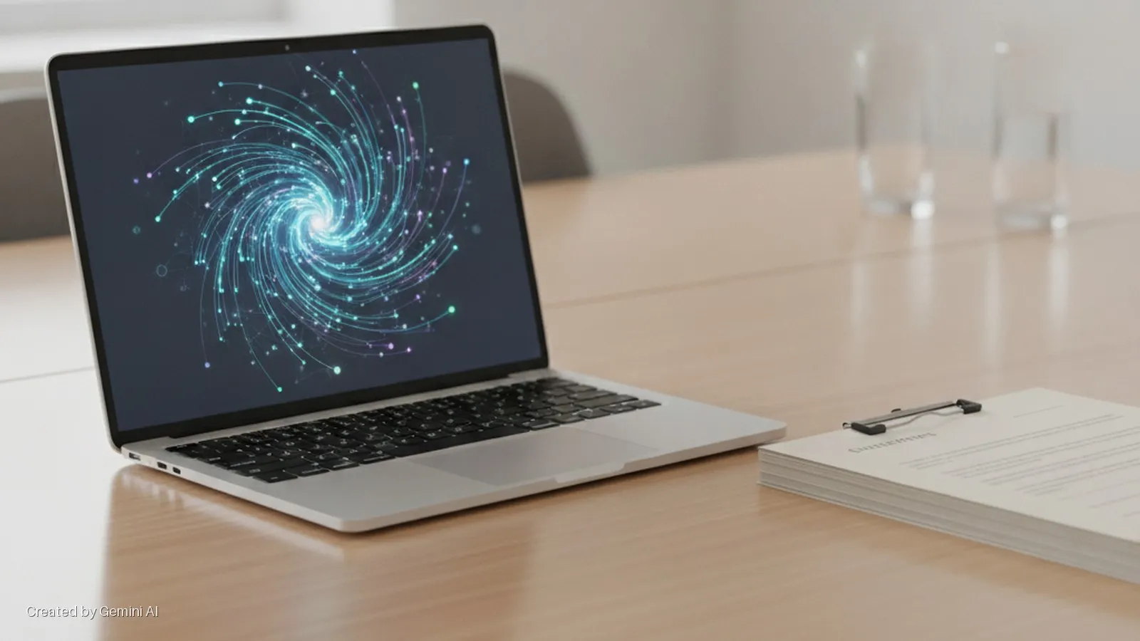 A silver laptop displaying a glowing blue and purple spiral graphic on its screen rests on a wooden table, next to a clipboard with papers and two water glasses, in a brightly lit room.